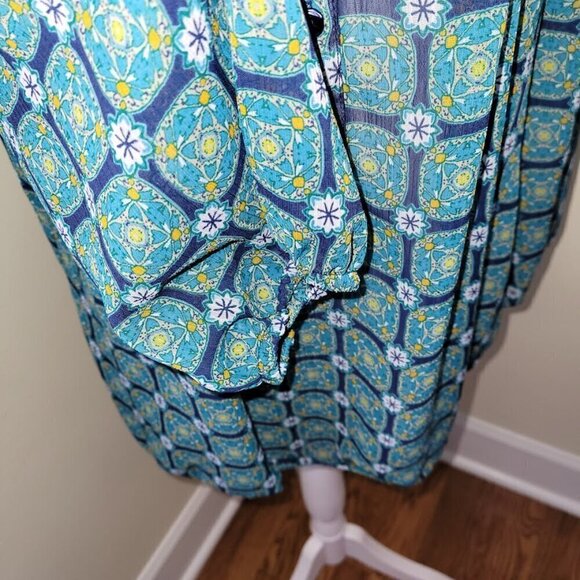Liz Claiborne Green Blue Print Popover 3/4 Sleeve Boho Chiffon Blouse Women SZ L - Picture 10 of 13